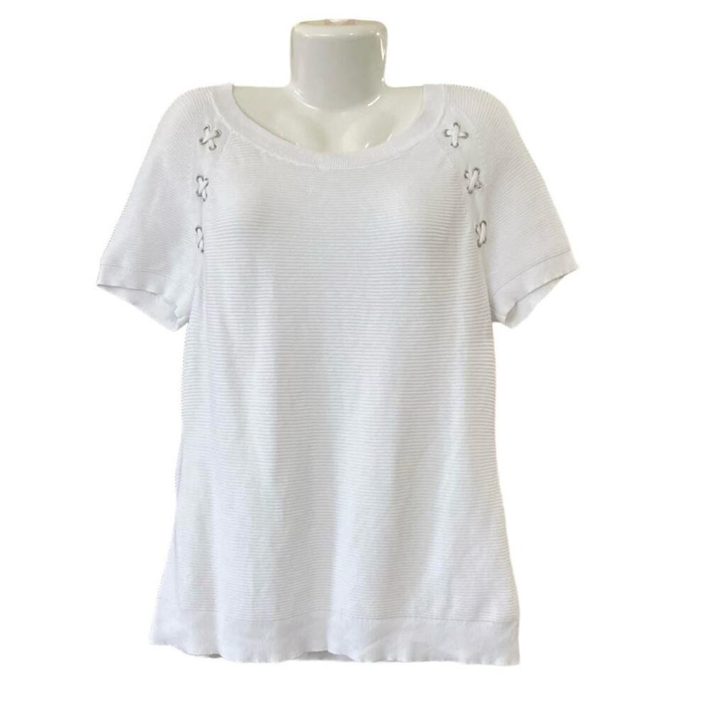 Talbots Women's White Ribbed Short Sleeve Sweater W/ Button Accents | Size LP